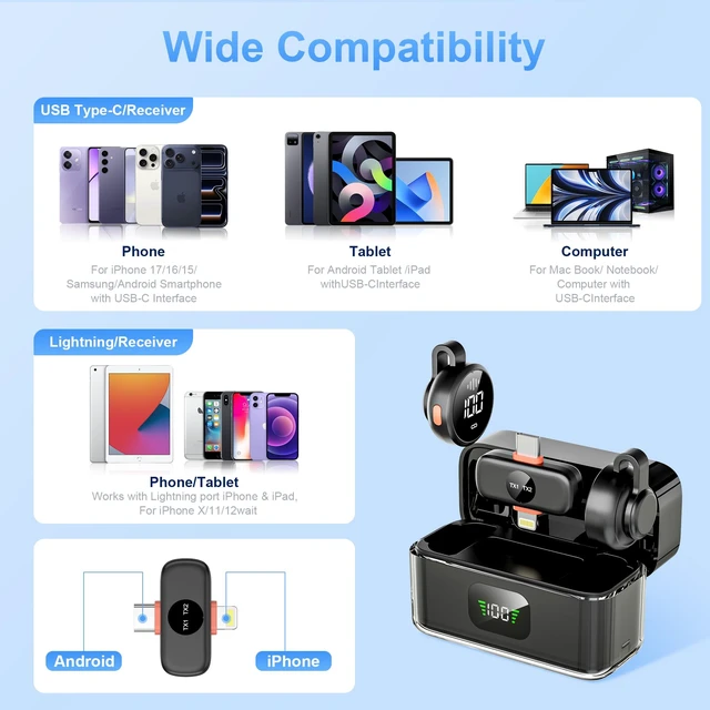 Alt view image 7 of 7 - Alta Calidad Mini Wireless Lavalier Microphone for iPhone iPad Android, Dual Channel Lapel Mic, DPS Noise Reduction, Mute & Volume Control, 33H Charging Case, USB-C Lightning Plug & Play