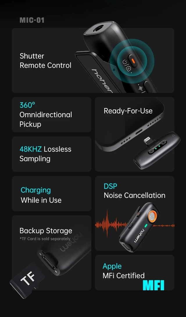 Alt view image 2 of 7 - hohem MIC-01 Wireless Lavalier Lapel Microphone for iPhone iPad, with Noise Cancellation,MFi Certified,Remote Contro,Built-in Storage,20H Battery Life, Wireless Microphone for Live Stream