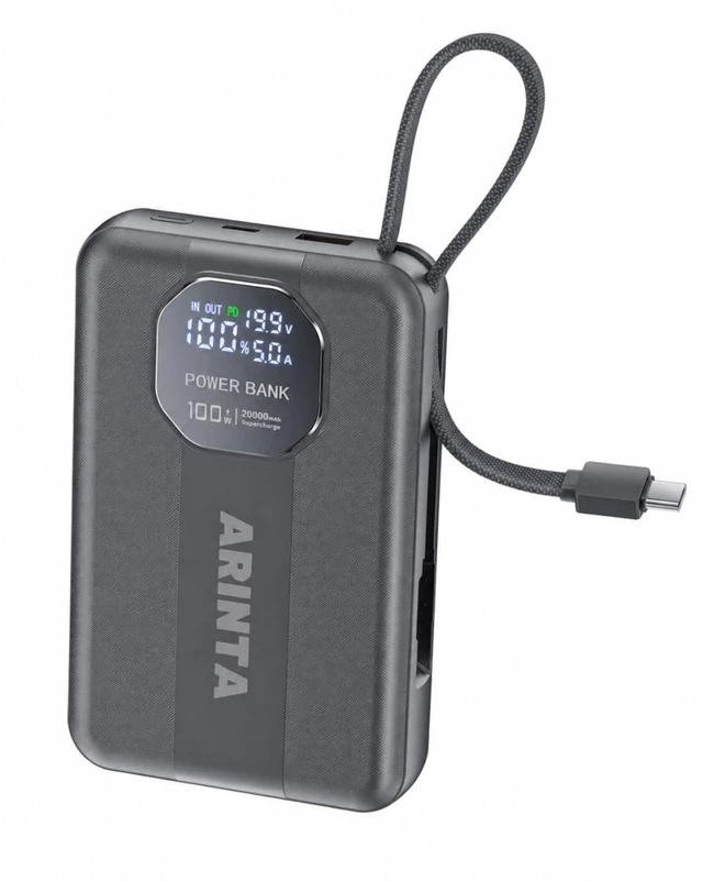 Main image of ARINTA 100W Laptop Power Bank 20000mAh, Built-in USB-C 100W Cables, Portable Charger Power Bank, Battery Pack for MacBook Pro/Air/iPhone 17/iPad Pro/S25 Ultra/Dell/HP (Gray)