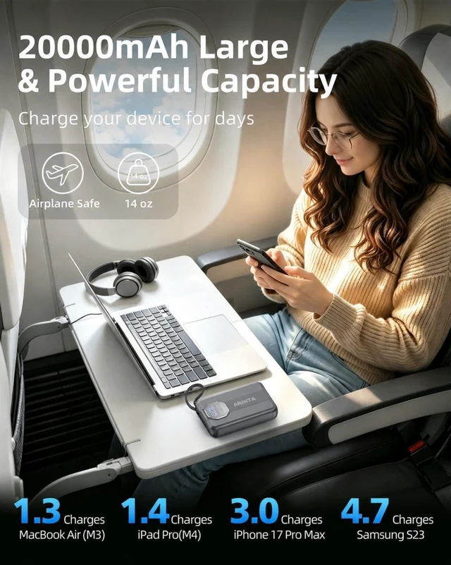 Alt view image 3 of 7 - ARINTA 100W Laptop Power Bank 20000mAh, Built-in USB-C 100W Cables, Portable Charger Power Bank, Battery Pack for MacBook Pro/Air/iPhone 17/iPad Pro/S25 Ultra/Dell/HP (Gray)