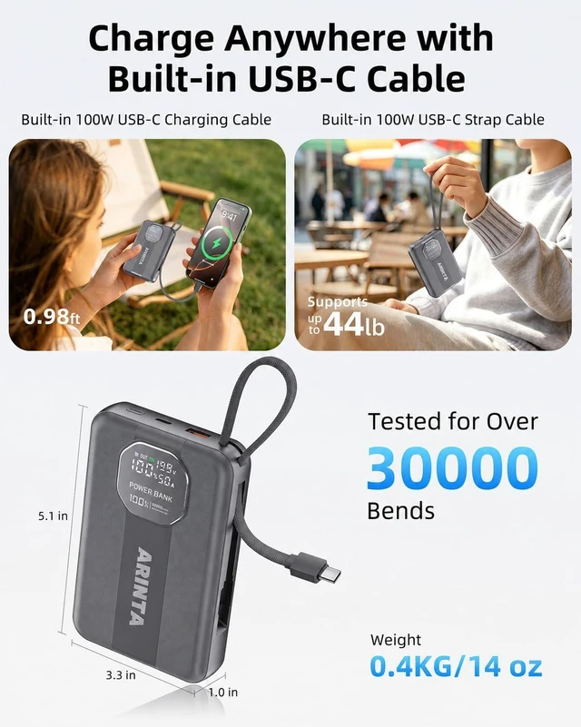 Alt view image 5 of 7 - ARINTA 100W Laptop Power Bank 20000mAh, Built-in USB-C 100W Cables, Portable Charger Power Bank, Battery Pack for MacBook Pro/Air/iPhone 17/iPad Pro/S25 Ultra/Dell/HP (Gray)