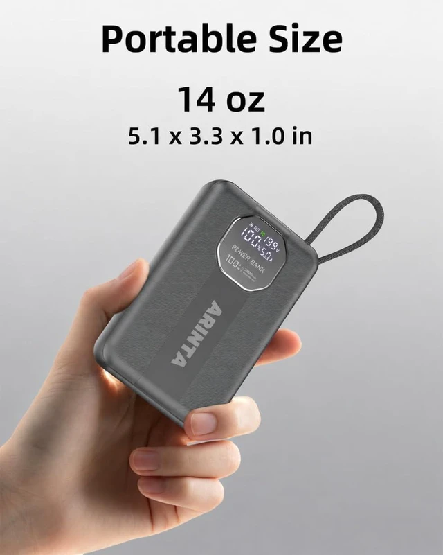 Alt view image 6 of 7 - ARINTA 100W Laptop Power Bank 20000mAh, Built-in USB-C 100W Cables, Portable Charger Power Bank, Battery Pack for MacBook Pro/Air/iPhone 17/iPad Pro/S25 Ultra/Dell/HP (Gray)