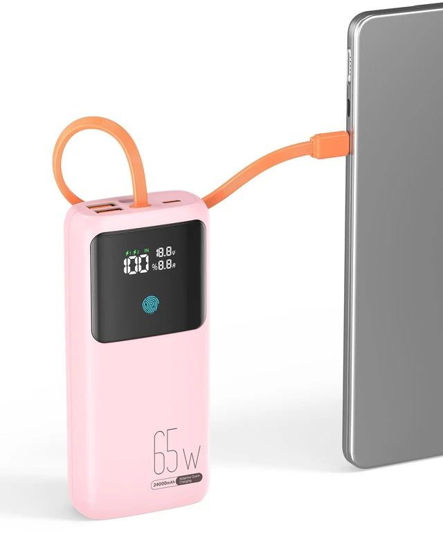 Main image of Makoval Portable Laptop Charger 24000mAh 65W w/USB C Built-in Cable Pink | 65W Fast charging, LED display, Charge 4 devices at once, Pass through, TSA approved, Compatible with Macbook/Notebook/iPhone