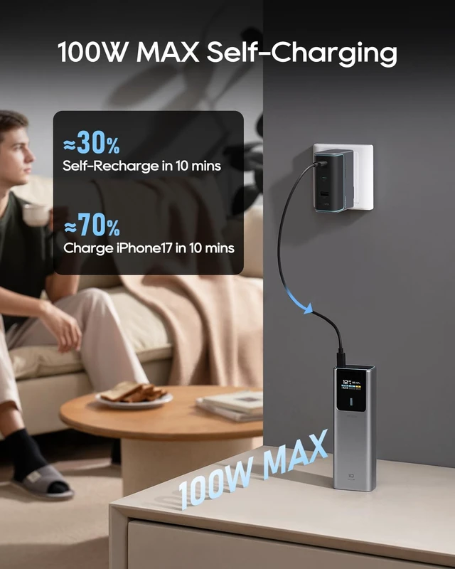 Alt view image 7 of 7 - CUKTECH 90W Power Bank, 15000mAh USB-C Laptop Portable Charger, Fast Charge | 70W Single USB-C Output, 100W Fast Recharge, Smart TFT Display, 3 Ports, 54Wh Carry-On Ready, 240W USB-C Cable Included