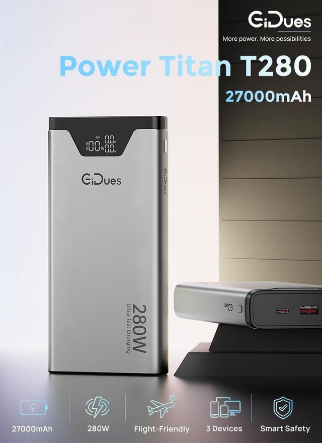 Alt view image 2 of 6 - Laptop 280W Power Bank, 27000mAh Portable Charger, Dual 140W USB-C | High Capacity, Smart Digital Display, 3-Port Charging, Ultra-Fast 280W Total Output, Airline-Friendly,for MacBook iPad iPhone
