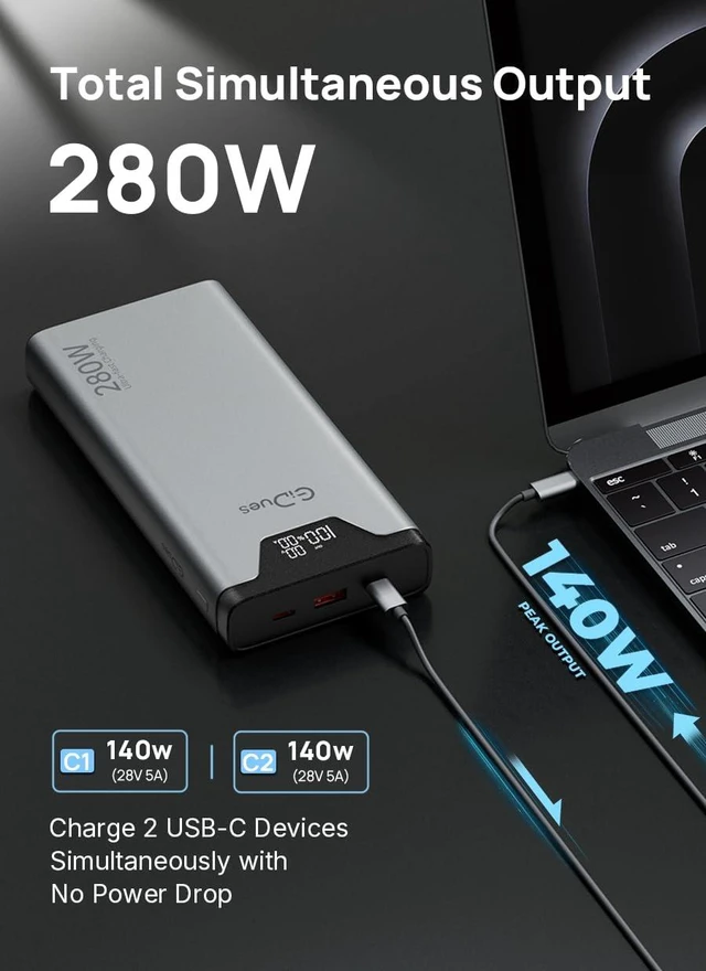 Alt view image 3 of 6 - Laptop 280W Power Bank, 27000mAh Portable Charger, Dual 140W USB-C | High Capacity, Smart Digital Display, 3-Port Charging, Ultra-Fast 280W Total Output, Airline-Friendly,for MacBook iPad iPhone