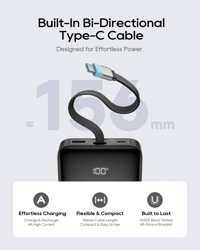 Alt view image 5 of 7 - CUKTECH 25000mAh Power Bank, 100W Laptop Portable Charger with Built-in USB-C Cable, 100W Fast Recharge, 90Wh Travel Battery Pack for MacBook Air/Pro, iPhone, Galaxy, Pixel, iPad, Steam Deck