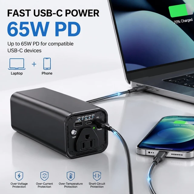 Alt view image 3 of 7 - 120W AC Outlet Portable Power Bank with 31200mAh, 65W PD USB-C Fast Charging, 18W USB-C Output, Built-in Cooling Fan LED Light, Compact Battery Pack for Laptop, CPAP, Camping, Travel Emergency N66