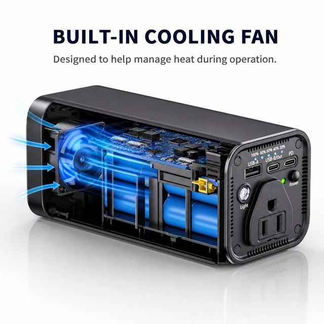 Alt view image 5 of 7 - 120W AC Outlet Portable Power Bank with 31200mAh, 65W PD USB-C Fast Charging, 18W USB-C Output, Built-in Cooling Fan LED Light, Compact Battery Pack for Laptop, CPAP, Camping, Travel Emergency N66