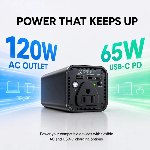 Alt view image 7 of 7 - 120W AC Outlet Portable Power Bank with 31200mAh, 65W PD USB-C Fast Charging, 18W USB-C Output, Built-in Cooling Fan LED Light, Compact Battery Pack for Laptop, CPAP, Camping, Travel Emergency N66