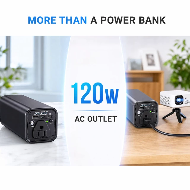 Alt view image 2 of 7 - 120W AC Outlet Portable Power Bank with 31200mAh, 65W PD USB-C Fast Charging, 18W USB-C Output, Built-in Cooling Fan LED Light, Compact Battery Pack for Laptop, CPAP, Camping, Travel Emergency N66