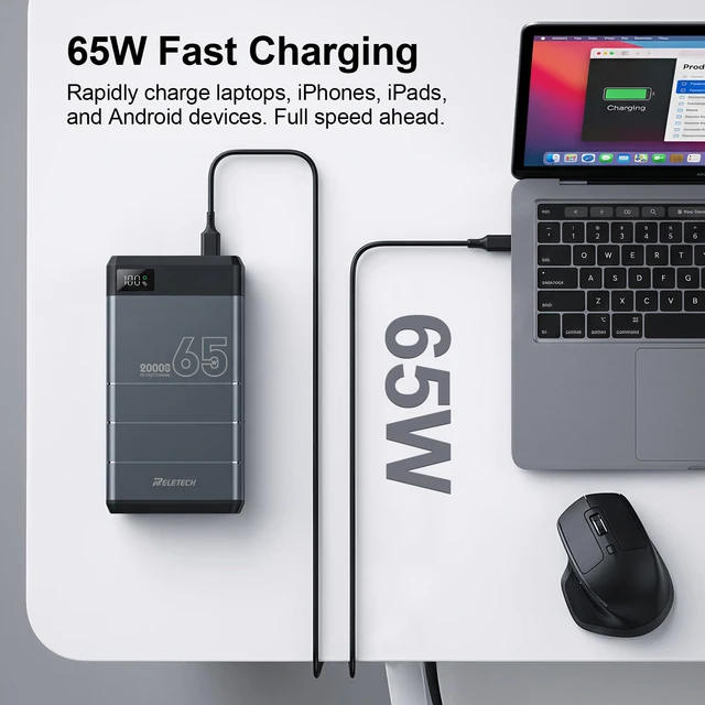 Alt view image 3 of 7 - Reletech Power Bank 65W 20000mAh Laptop Portable Charger | Digital Display,2 USB-C/1 USB-A Fast Charging, for Laptop, Phone, Tablet, Portable power bank for travel