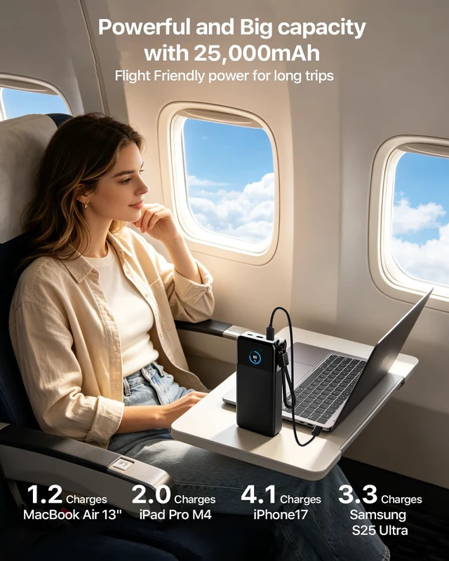 Alt view image 3 of 7 - NOBIS Laptop Power Bank, 25000mAh Portable Charger with 187W Total Output | 3 Ports(100W Max), Detachable USB-C Cable, Travel Essential, for Pad Phone 17 16 S25