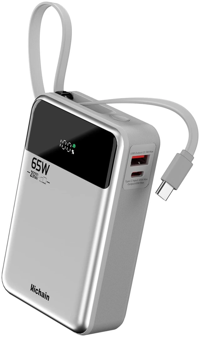 Main image of Hichain Laptop Power Bank 65W 20000mAh Portable Charger Silver | Fast Charging Power Bank USB-C PD Battery Pack for MacBook iPhone Series Android Switch Travel Essential