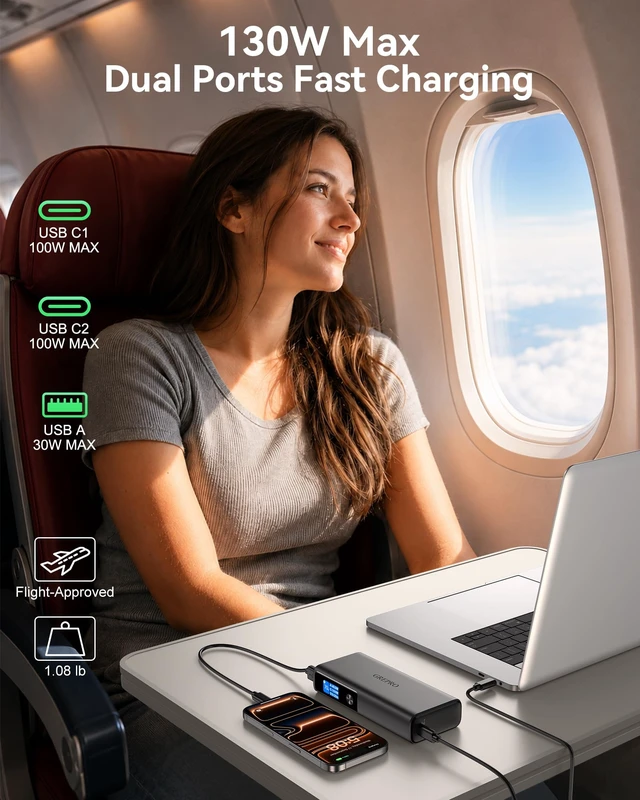 Alt view image 3 of 7 - GREPRO 100W Laptop Power Bank, 20000mAh 130W Total Aluminum Alloy USB C | Travel Essential Fast Charging Portable Charger,TFT Smart Display for iPhone 17-12 Series/MacBook/iPad/Steam Deck/Galaxy S26