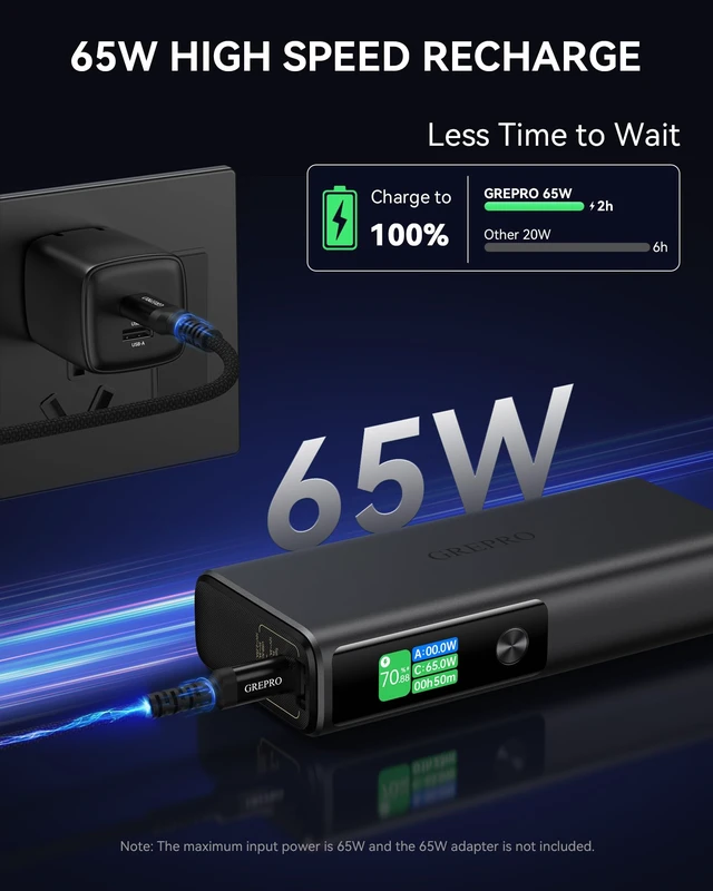Alt view image 7 of 7 - GREPRO 100W Laptop Power Bank, 20000mAh 130W Total Aluminum Alloy USB C | Travel Essential Fast Charging Portable Charger,TFT Smart Display for iPhone 17-12 Series/MacBook/iPad/Steam Deck/Galaxy S26