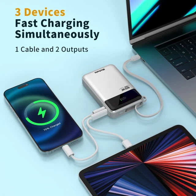 Alt view image 4 of 7 - Hichain Laptop Power Bank 65W 20000mAh Portable Charger Silver | Fast Charging Power Bank USB-C PD Battery Pack for MacBook iPhone Series Android Switch Travel Essential