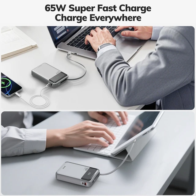 Alt view image 7 of 7 - Hichain Laptop Power Bank 65W 20000mAh Portable Charger Silver | Fast Charging Power Bank USB-C PD Battery Pack for MacBook iPhone Series Android Switch Travel Essential