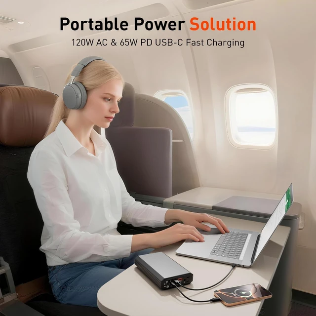 Alt view image 2 of 7 - Paopaoyu Laptop Power Bank with 120W AC Outlet, 98Wh/27000mAh Portable Charger 65W PD USB C Fast Charging Laptop Battery Bank for iPhone Series, MacBook, Dell, Samsung and More