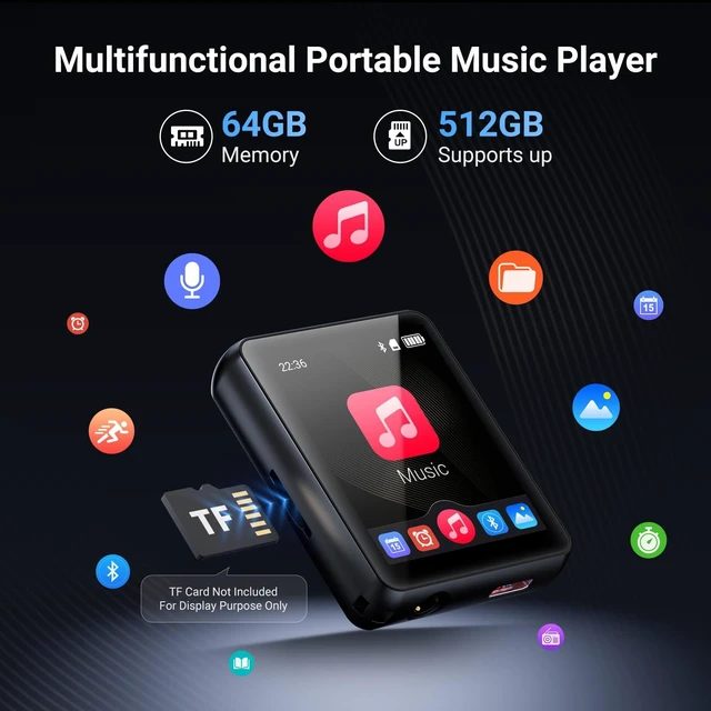 Alt view image 3 of 7 - 64GB MP3 Player with Bluetooth 5.3, Portable Digital Lossless Music Player, Built-in Speaker, 1.8 in Full Touch Screen, FM Radio, Speaker, Earphones Included, Support up to 512GB