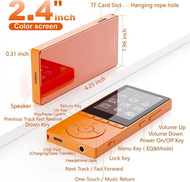 Alt view image 3 of 7 - 64GB MP3 Player with Bluetooth 5.3, Color Screen 2.4", Music Player with HiFi Sound, MP3 Players Built in HD Speaker Voice Recorder E-Book, Expanded Up to 128GB, Earphone Included, for Sports Runner