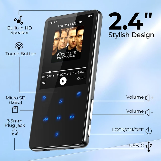 Alt view image 4 of 7 - 64GB MP3 Player with Bluetooth 5.3,with 2.4" screen, built-in speaker | Portable MP3 Player for Kids , Metallic Appearance, Touch Buttons, FM Radio, E-Book, Recording, Supports up to 128 GB