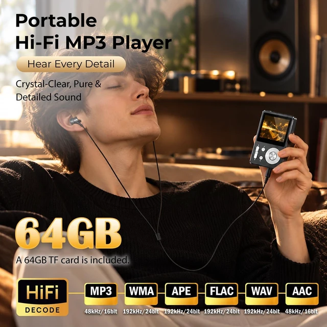 Alt view image 2 of 7 - HiFi MP3 Player with Bluetooth 5.3, 64GB Lossless Digital Audio Player | Music Player with High-Resolution, WMA/FLAC/APE/WAV Format Support, Portable MP3 Players with Car Audio Cable, Headphone