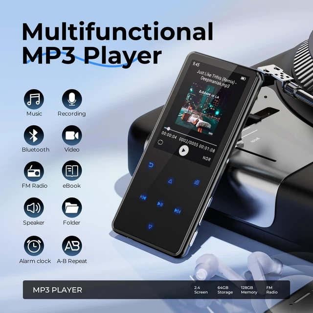 Alt view image 7 of 7 - 64GB MP3 Player with Bluetooth 5.3,with 2.4" screen, built-in speaker | Portable MP3 Player for Kids , Metallic Appearance, Touch Buttons, FM Radio, E-Book, Recording, Supports up to 128 GB