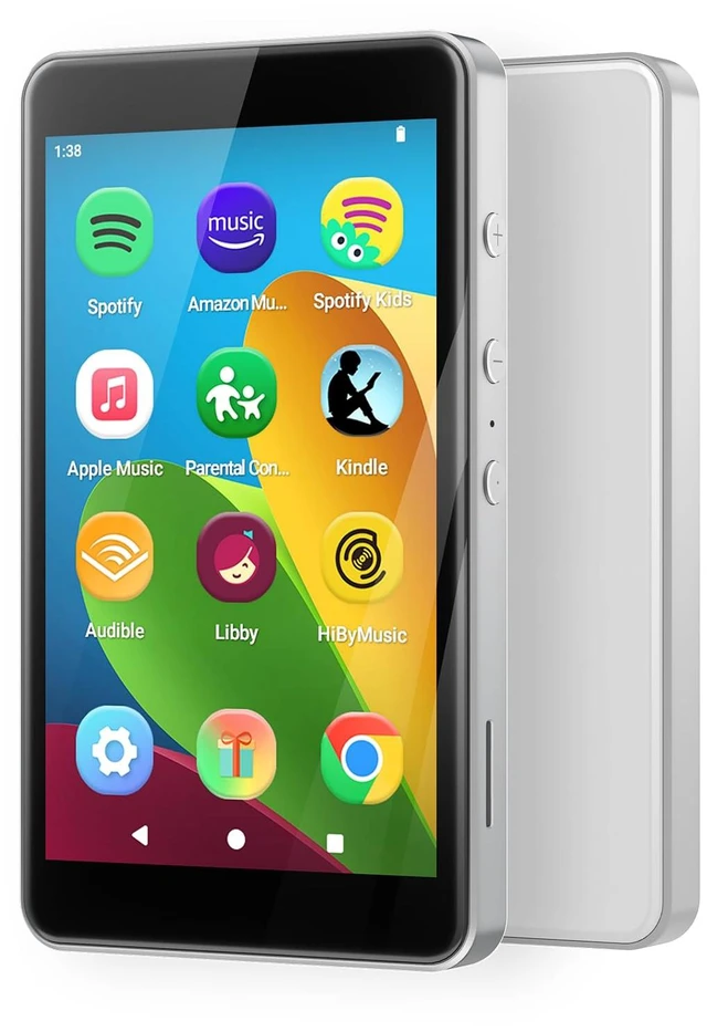 Main image of Kids MP3 Player with Spotify, Parental Controls, WiFi and Bluetooth 5.0 | Android 14, App Store, 4" Music Player with Spotify Kids, Amazon Music, Audible, Memory Card Included, Classic Silver