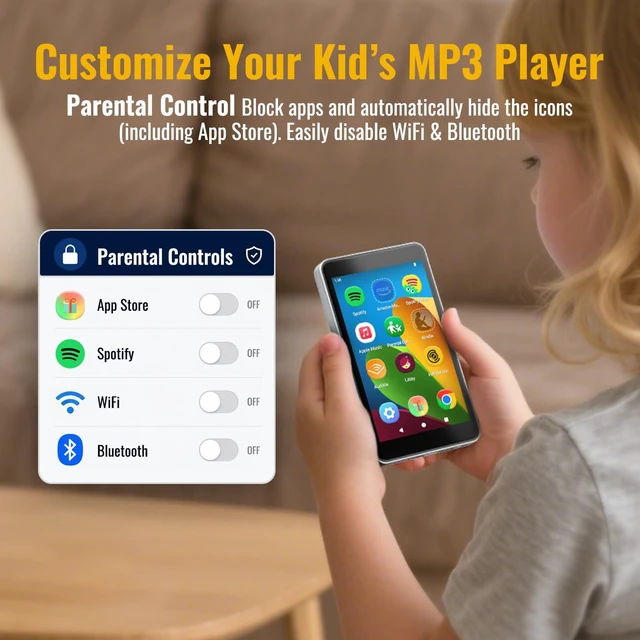 Alt view image 2 of 7 - Kids MP3 Player with Spotify, Parental Controls, WiFi and Bluetooth 5.0 | Android 14, App Store, 4" Music Player with Spotify Kids, Amazon Music, Audible, Memory Card Included, Classic Silver