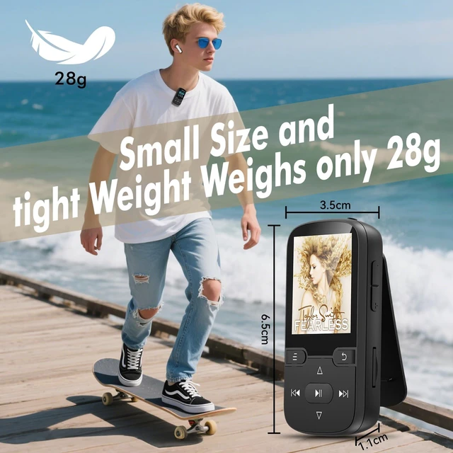 Alt view image 4 of 7 - 64GB MP3 Player Bluetooth 5.3 with Clip, HiFi Sound Sport with 1.5 ''Screen | MP3 Player for Kids with Physical Buttons, FM Radio/Voice Recorder, Weighs Only 28g, Mini & Light,TF Card Up to 128G