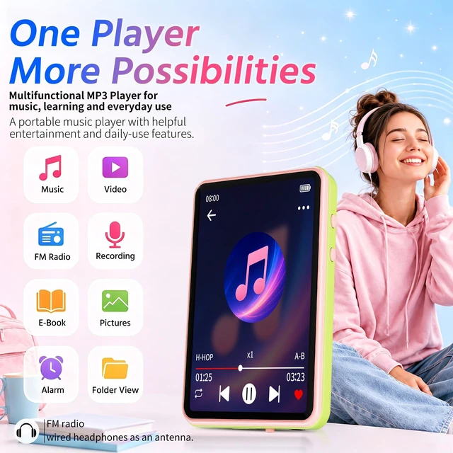 Alt view image 2 of 7 - CONODO 32GB MP3 Player with Bluetooth 5.3,Speaker,2.4" Touch Screen,Green | Portable MP3 Music Player with FM Radio,SD Card Slot up to 128GB,Resume Play,E-book,Sleep Timer for Running,Travel,Study