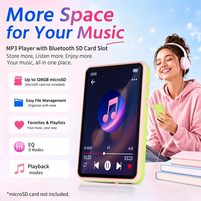 Alt view image 5 of 7 - CONODO 32GB MP3 Player with Bluetooth 5.3,Speaker,2.4" Touch Screen,Green | Portable MP3 Music Player with FM Radio,SD Card Slot up to 128GB,Resume Play,E-book,Sleep Timer for Running,Travel,Study