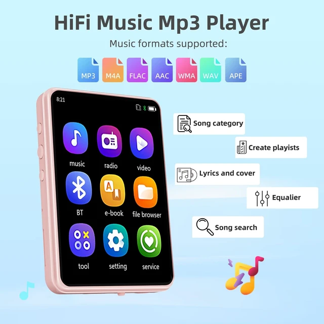 Alt view image 3 of 7 - Tengsen MP3 Player with Bluetooth 5.3,Touch Screen&Speaker,64GB Pink | 2.4" Music Player with FM Radio, E-book, 4 Playback Modes and MicroSD Expansion up to 128GB for Sports, Travel and Daily Use
