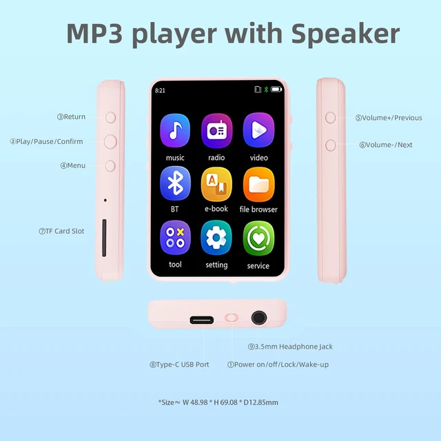 Alt view image 6 of 7 - Tengsen MP3 Player with Bluetooth 5.3,Touch Screen&Speaker,64GB Pink | 2.4" Music Player with FM Radio, E-book, 4 Playback Modes and MicroSD Expansion up to 128GB for Sports, Travel and Daily Use