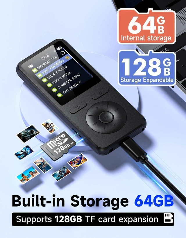Alt view image 2 of 7 - 64GB
MP3
Player
with
Bluetooth
5.3
with
Speaker,Classic
Physical
Buttons | 1.8" Screen Portable Music Player HiFi Lossless Sound, FM Radio & Voice Recorder,Lightweight,Supports Expanded Up to 128GB