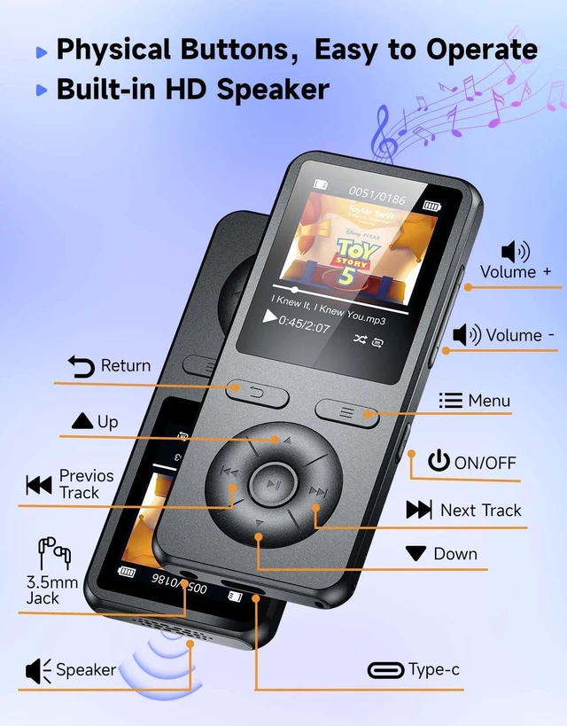 Alt view image 4 of 7 - 64GB
MP3
Player
with
Bluetooth
5.3
with
Speaker,Classic
Physical
Buttons | 1.8" Screen Portable Music Player HiFi Lossless Sound, FM Radio & Voice Recorder,Lightweight,Supports Expanded Up to 128GB