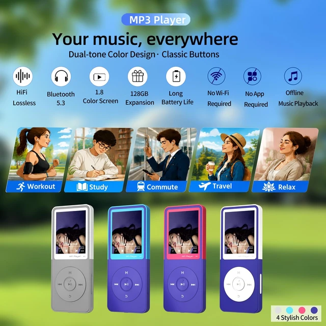Alt view image 5 of 7 - CONODO MP3 Player with Bluetooth 5.3, 1.8" Screen, Color-Block Music Player | with FM Radio, Voice Recorder, A-B Repeat, Resume Playback and Up to 128GB microSD for Running and Travel Navy Blue 64GB