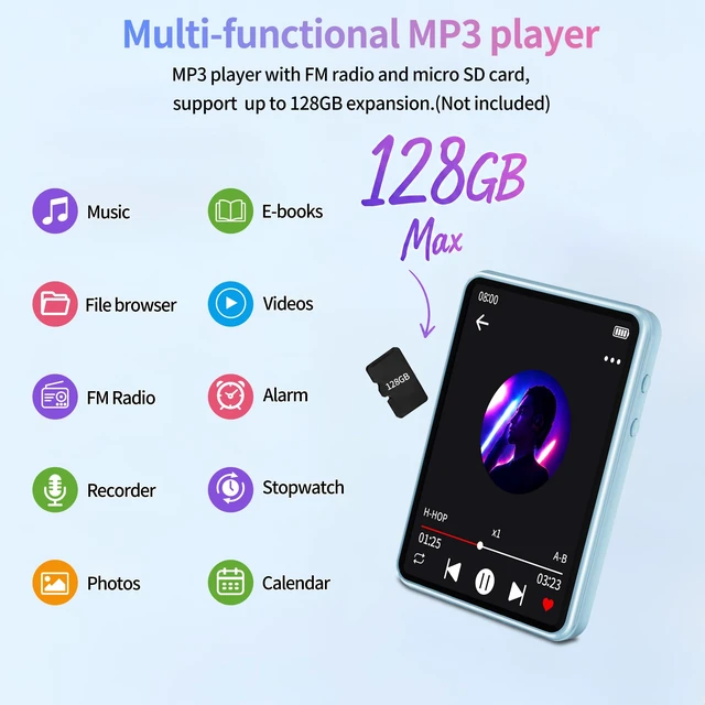 Alt view image 2 of 7 - Tengsen MP3 Player with Bluetooth 5.3,Touch Screen&Speaker,32GB Light Blue | Portable Music Player with FM Radio,E-book,Shuffle and Repeat Modes,MicroSD 128GB Expansion for Workouts,Travel,Study