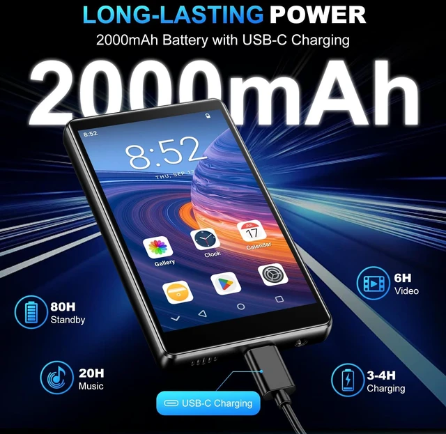 Alt view image 6 of 7 - Android 14 MP3 Player with Bluetooth and WiFi, Spotify & Google Store 16GB | 4in MP4 Player with Touchscreen & Speaker, Spotify Music Player with Recording & FM, 2000mAh, Audible & Parental Controls