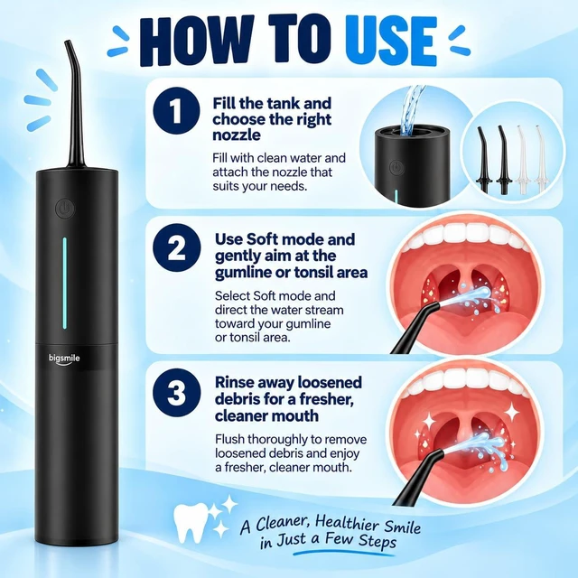 Alt view image 3 of 7 - Cordless Water Flosser, Rechargeable Water Dental Flosser Pick for Teeth, IPX7 Waterproof Electric Water Dental Flosser, 3 Modes 4 Replaceable Jet Tips, Oral Irrigator for Home Travel (Black)