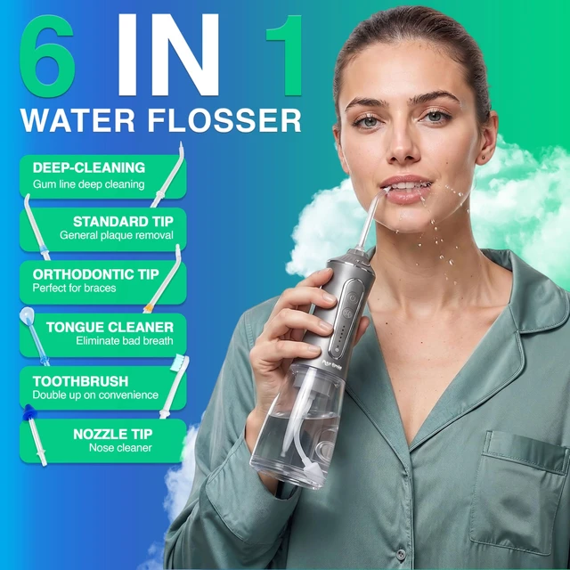 Alt view image 2 of 7 - Professional Water Flosser - Advanced Dental Care for a Healthier Mouth, Gum, and Teeth - IPX7 Waterproof Oral Irrigator | 6 Replacement Tips, Travel-Friendly, Rechargeable - Oral Hygiene (Grey)