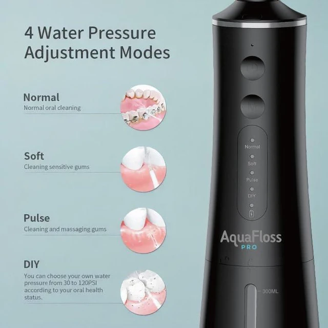 Alt view image 3 of 6 - AquaFloss Pro Water Dental Flosser Teeth Pick Portable Cordless Oral Irrigator 300ml Water Tank Rechargeable Travel Teeth Cleaner IPX7 Waterproof Electric Water Flosser BV609 (Black)