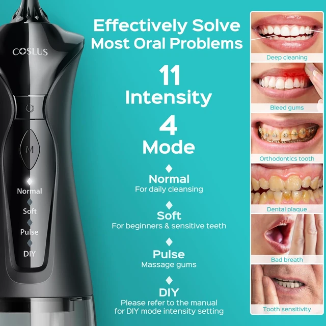 Alt view image 4 of 7 - COSLUS C30 Water Dental Flosser, Upgraded DIY Mode, Black Green, 2Pcs | 300ML Larger Tank, 4 Modes Portable Teeth Pick for Family Gentle & Precision Oral Care, Cordless Portable for Home Travel Use