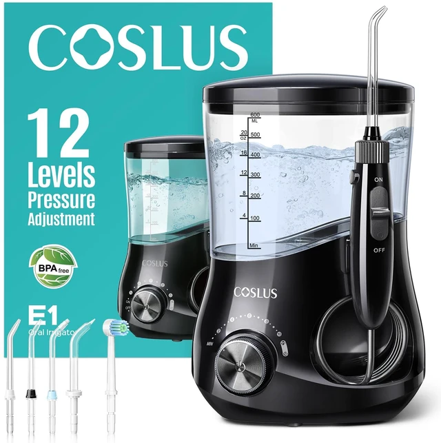Main image of COSLUS E1 Electric Water Dental Flosser, Professional 12 Pressure, Black | Professional Water Dental Pick for Braces, Orthodontic Care, Sensitive Gums, 5 Multi-Functional Tips for Family Use