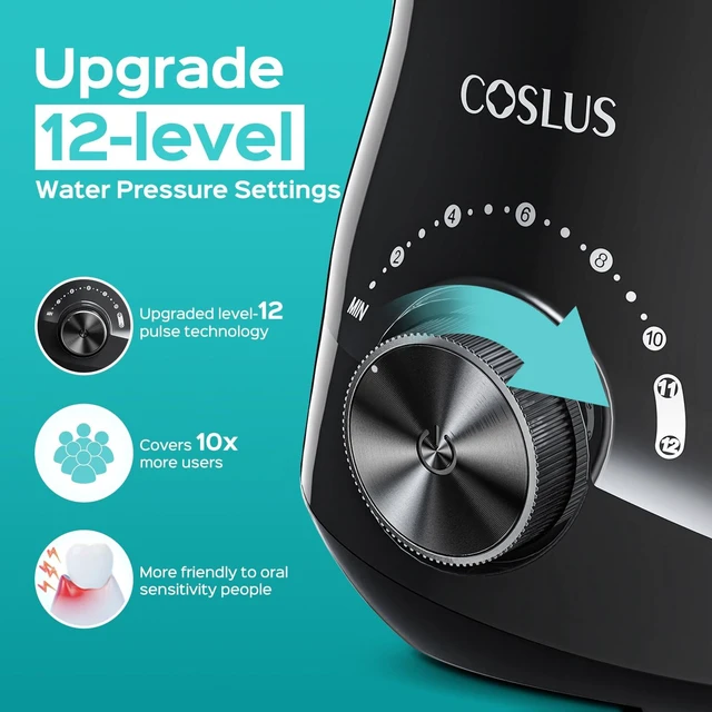 Alt view image 2 of 7 - COSLUS E1 Electric Water Dental Flosser, Professional 12 Pressure, Black | Professional Water Dental Pick for Braces, Orthodontic Care, Sensitive Gums, 5 Multi-Functional Tips for Family Use