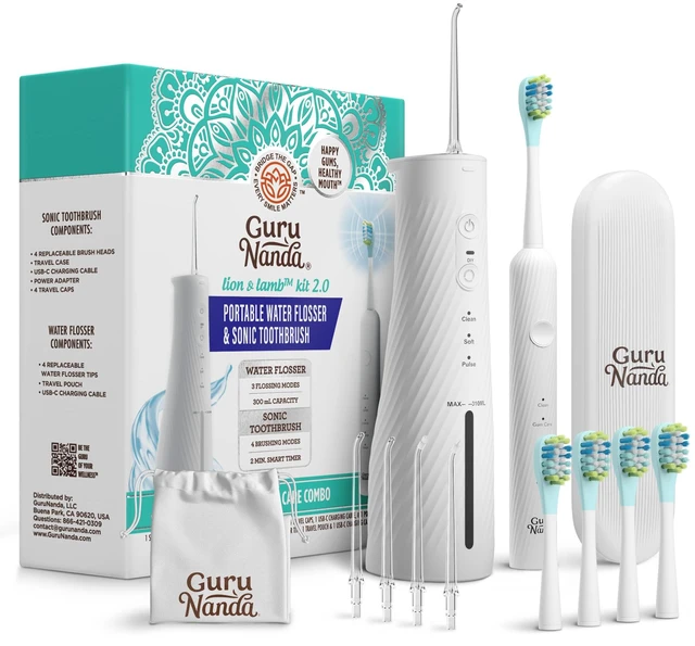Main image of GuruNanda Electric Toothbrush & Water Flosser, 4 Toothbrush Heads, 4 Tips | Lion & Lamb 2.0 Water Flosser Cordless & Soft Electric Toothbrush for Adults|Travel Case & Pouch|Bulit-In Tip Storage|White