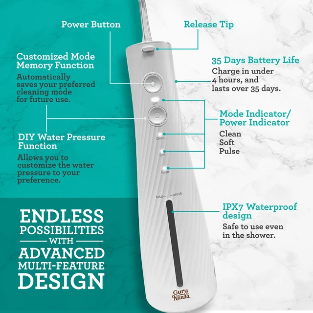 Alt view image 3 of 7 - GuruNanda Electric Toothbrush & Water Flosser, 4 Toothbrush Heads, 4 Tips | Lion & Lamb 2.0 Water Flosser Cordless & Soft Electric Toothbrush for Adults|Travel Case & Pouch|Bulit-In Tip Storage|White