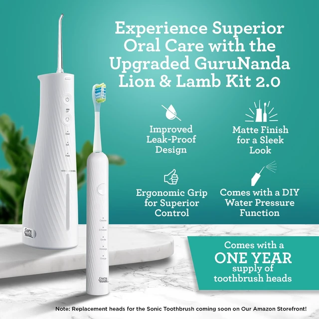Alt view image 2 of 7 - GuruNanda Electric Toothbrush & Water Flosser, 4 Toothbrush Heads, 4 Tips | Lion & Lamb 2.0 Water Flosser Cordless & Soft Electric Toothbrush for Adults|Travel Case & Pouch|Bulit-In Tip Storage|White