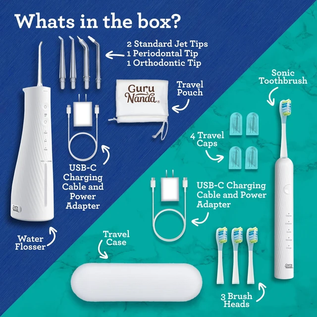 Alt view image 6 of 7 - GuruNanda Electric Toothbrush & Water Flosser, 4 Toothbrush Heads, 4 Tips | Lion & Lamb 2.0 Water Flosser Cordless & Soft Electric Toothbrush for Adults|Travel Case & Pouch|Bulit-In Tip Storage|White